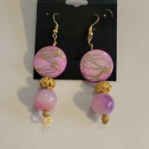 Pink Mother Of Pearl and Purple Bead, Gold Dangle Earrings